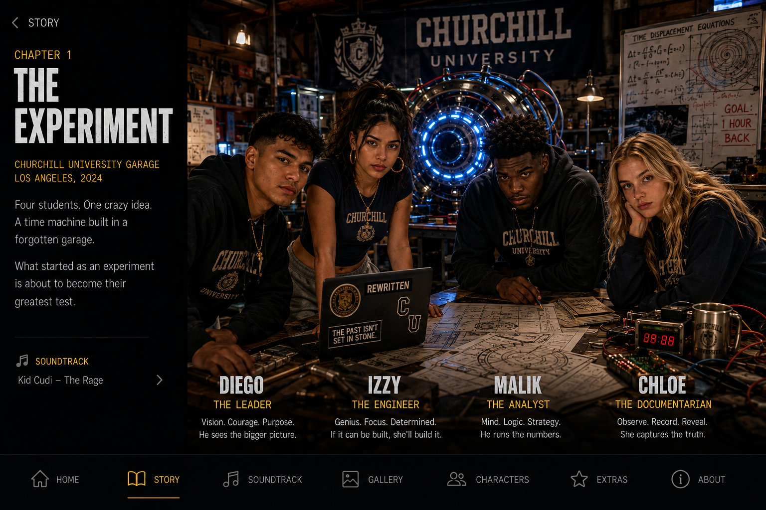 Diego, Izzy, Malik and Chloe in the Churchill University garage with the time machine