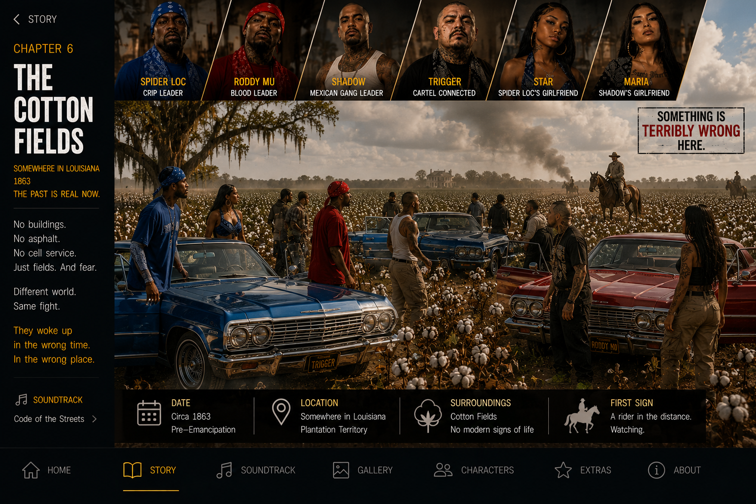 The crews and their modern lowriders stranded in Louisiana cotton fields with a rider watching in the distance