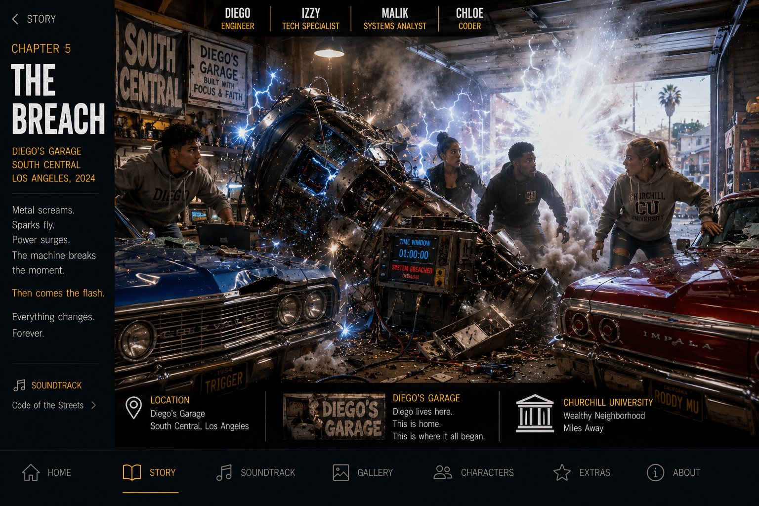 The time machine overloads inside Diego's garage in South Central as the breach begins