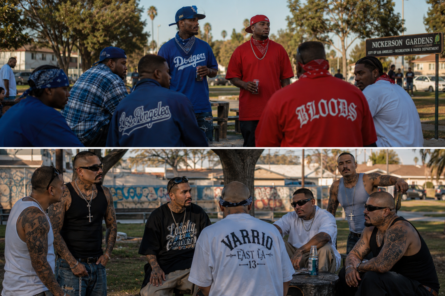 Crips and Bloods gathered under their existing truce at one park, while Mexican gangs gather separately at another park around the corner