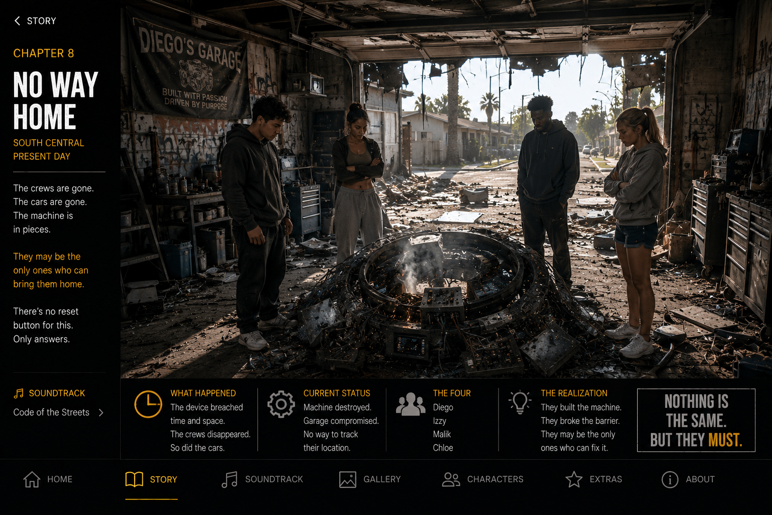 Diego, Izzy, Malik and Chloe around the destroyed time machine in Diego's South Central garage
