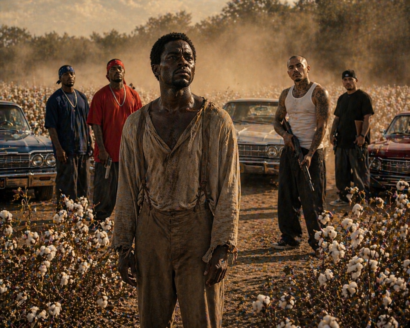 Coffey standing with modern South Central gang members and lowriders in a Louisiana cotton field